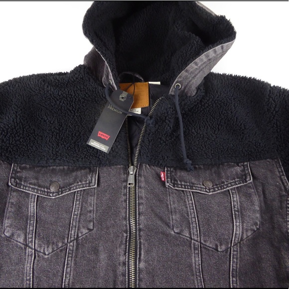 Levi’s Premium Faux Sherpa Sleeves Hybrid Denim Trucker Jacket w Hood NWT - Picture 1 of 12